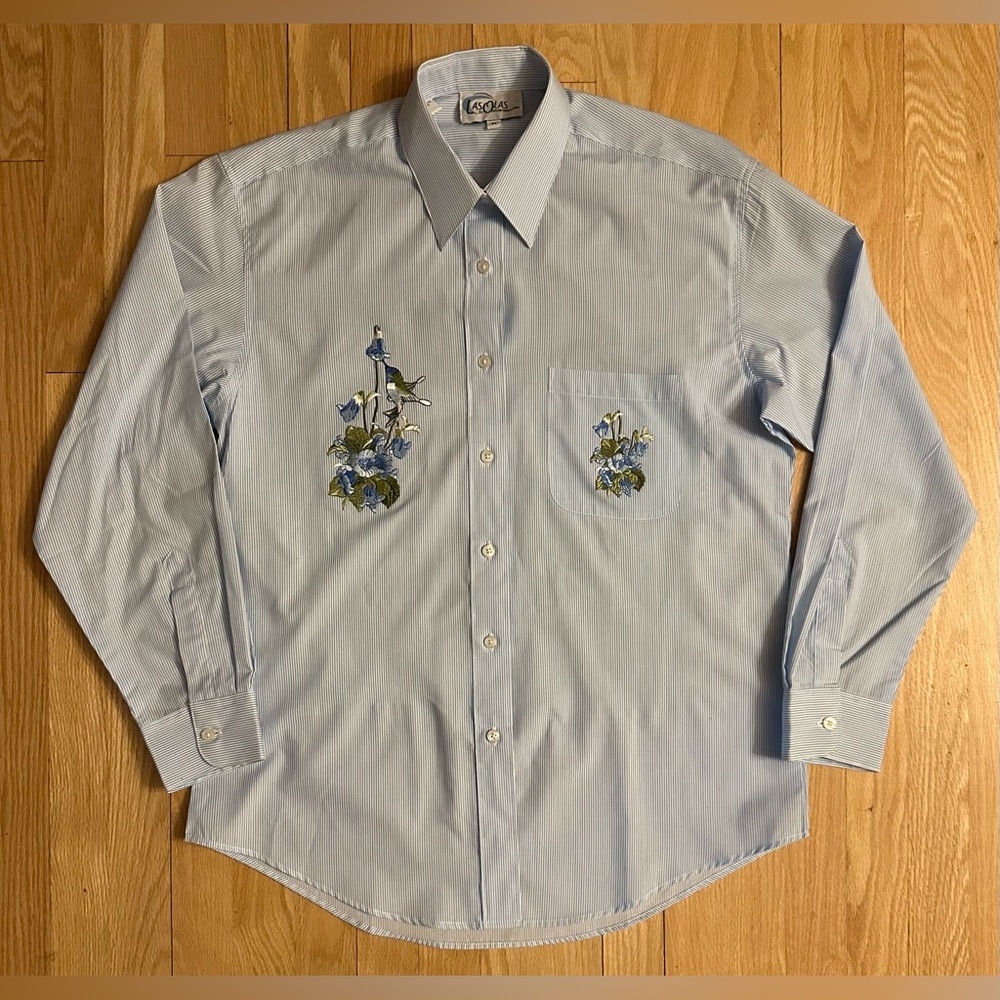 Las Olas Blue/ White Striped Long-Sleeved Blouse Embroidered Flowers Bird, Sz M